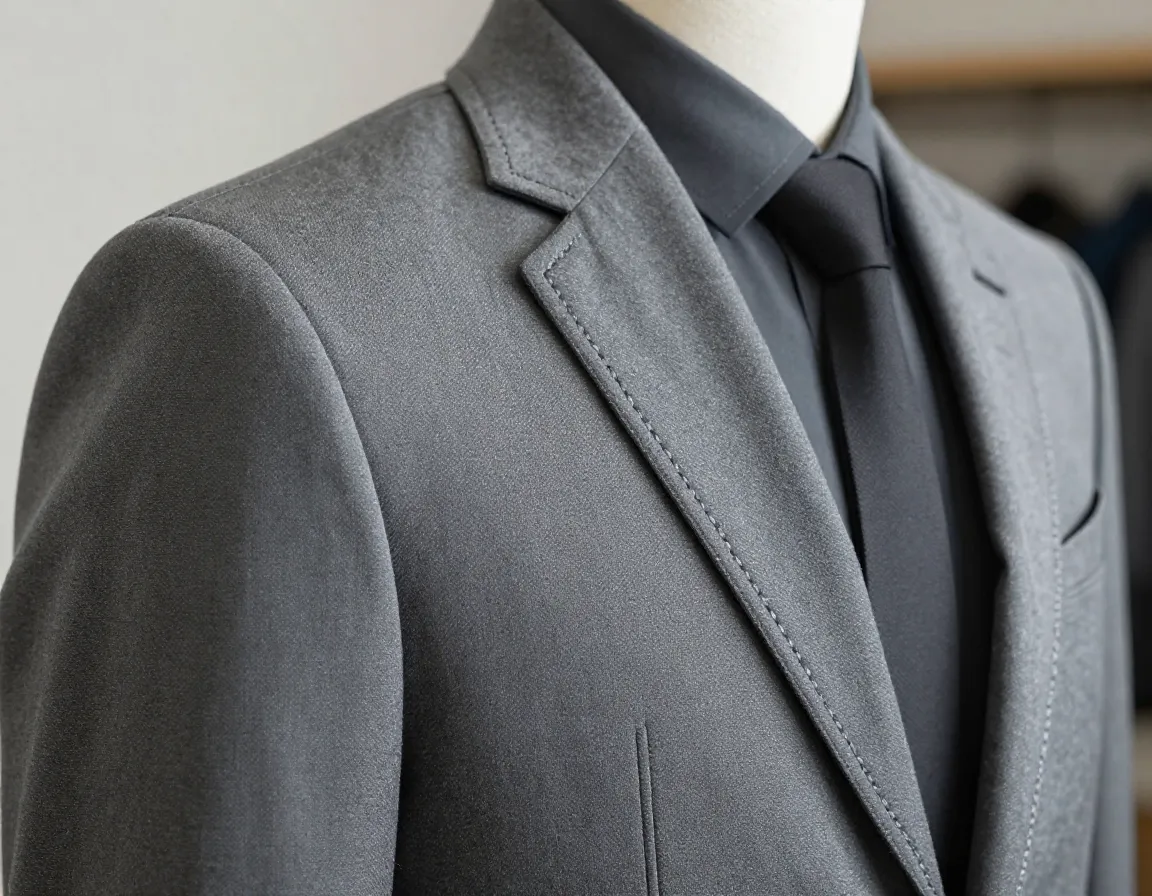 Detailed close up of a luxury gray golf jacket with meticulous stitching and a slim fit