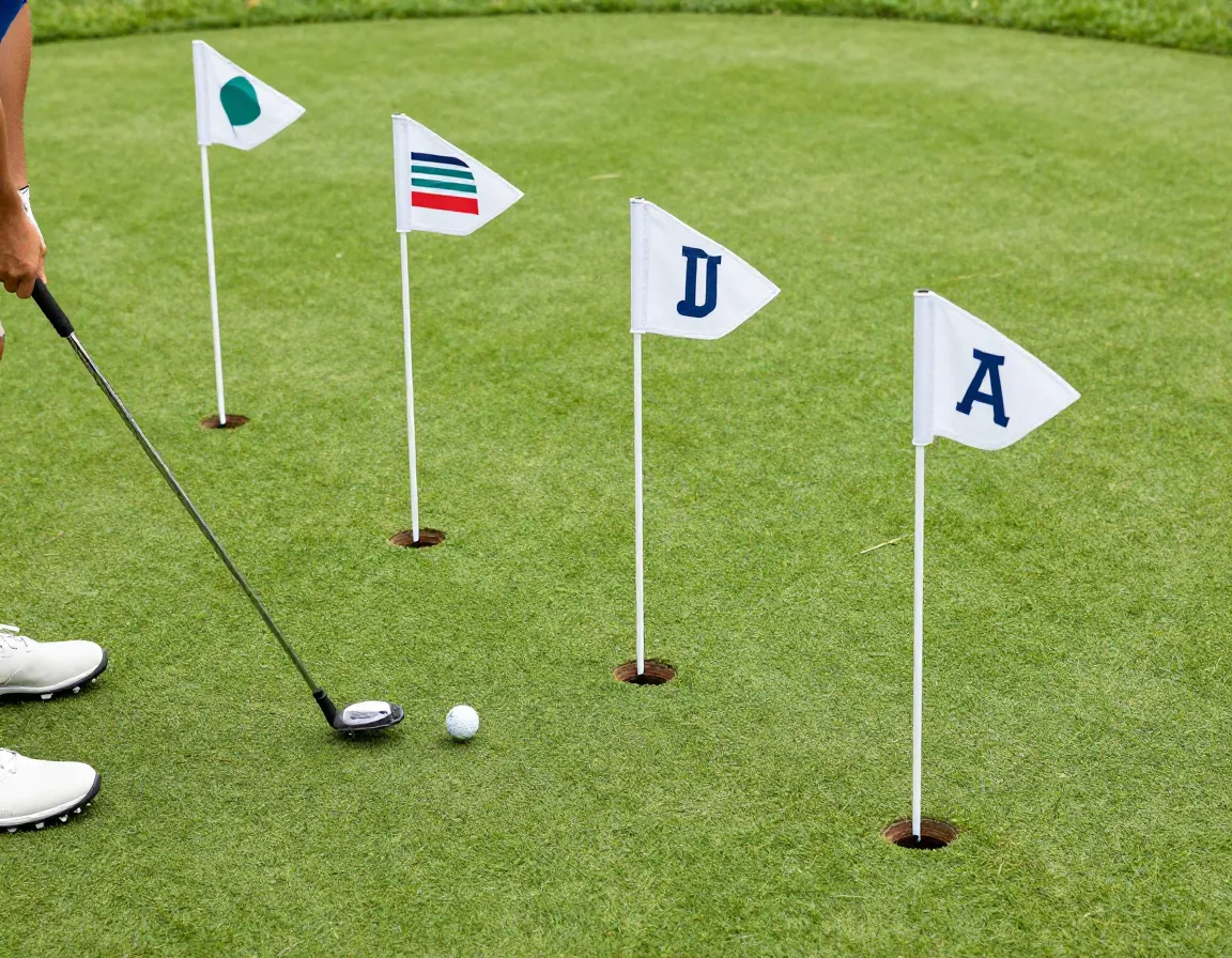 Personalized backyard putting green flag set in practice