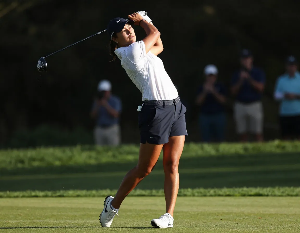 Dynamic action shot of a golfer in nike dri fit apparel making a powerful swing on tour