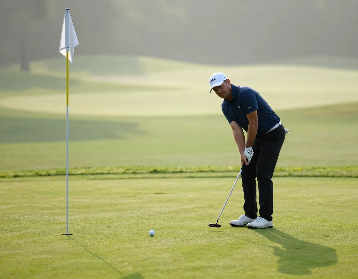 Golfer making a confident putt on an empty sunrise green