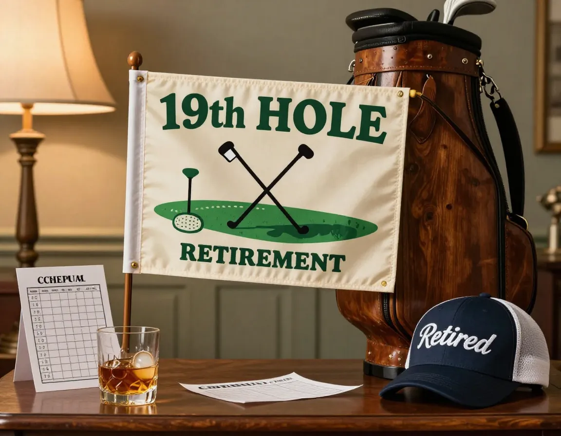 Retirement celebration golf flag with 19th hole theme