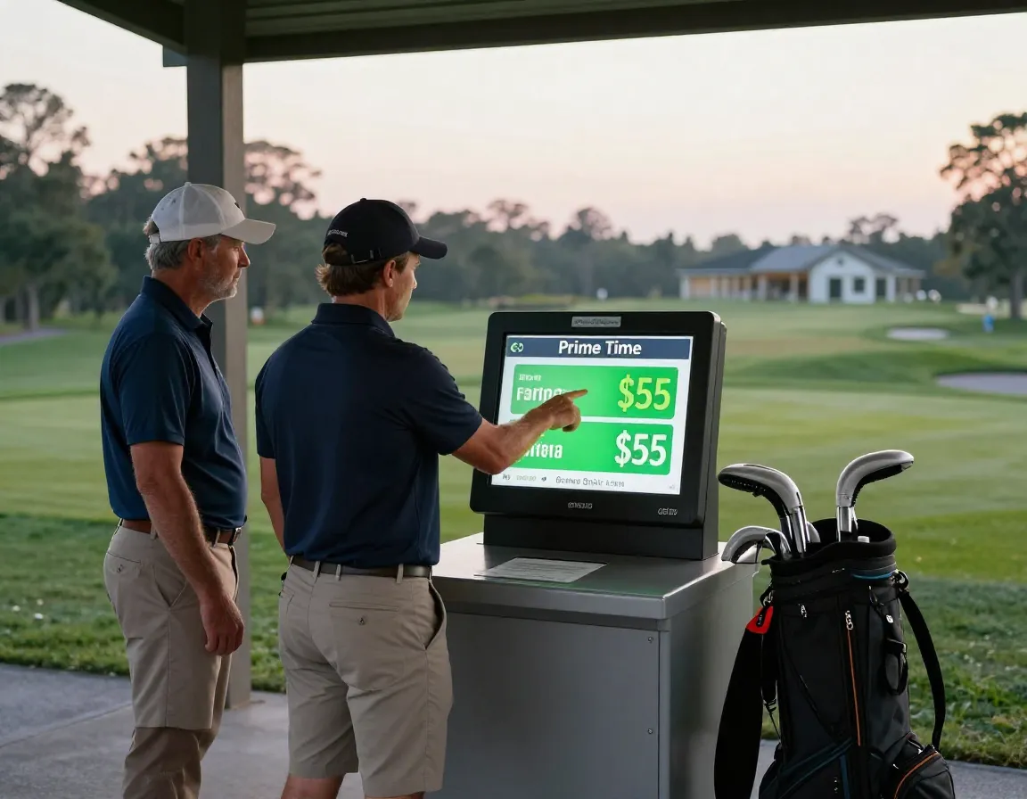 Golfers checking discounted sunrise tee time on a course kiosk
