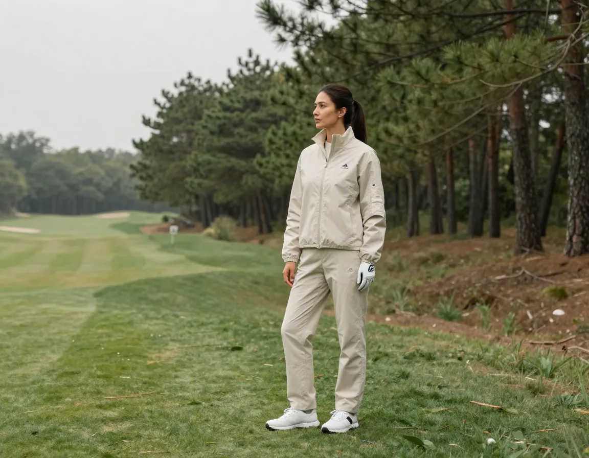 Woman wearing a sustainable adidas golf outfit made from recycled materials in a natural setting