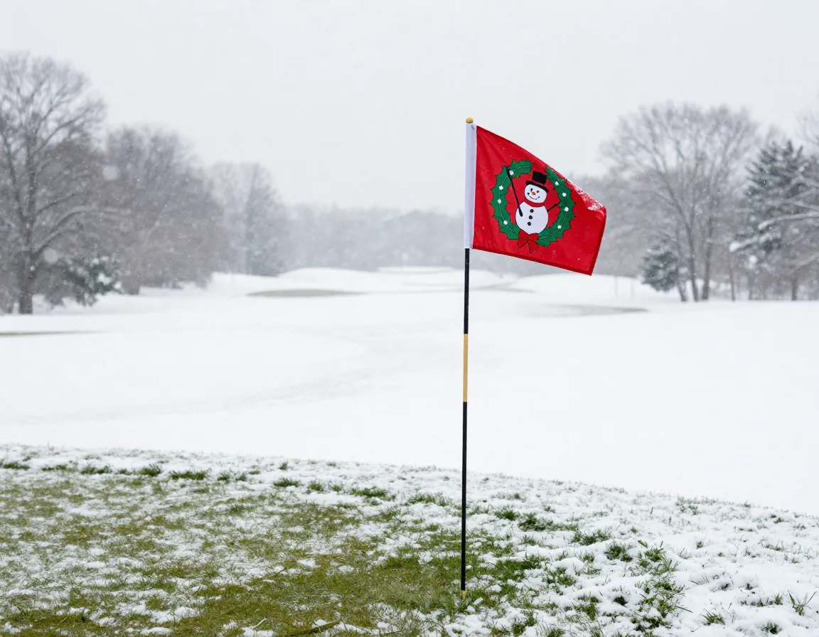 Festive holiday themed golf flag in a snowy landscape