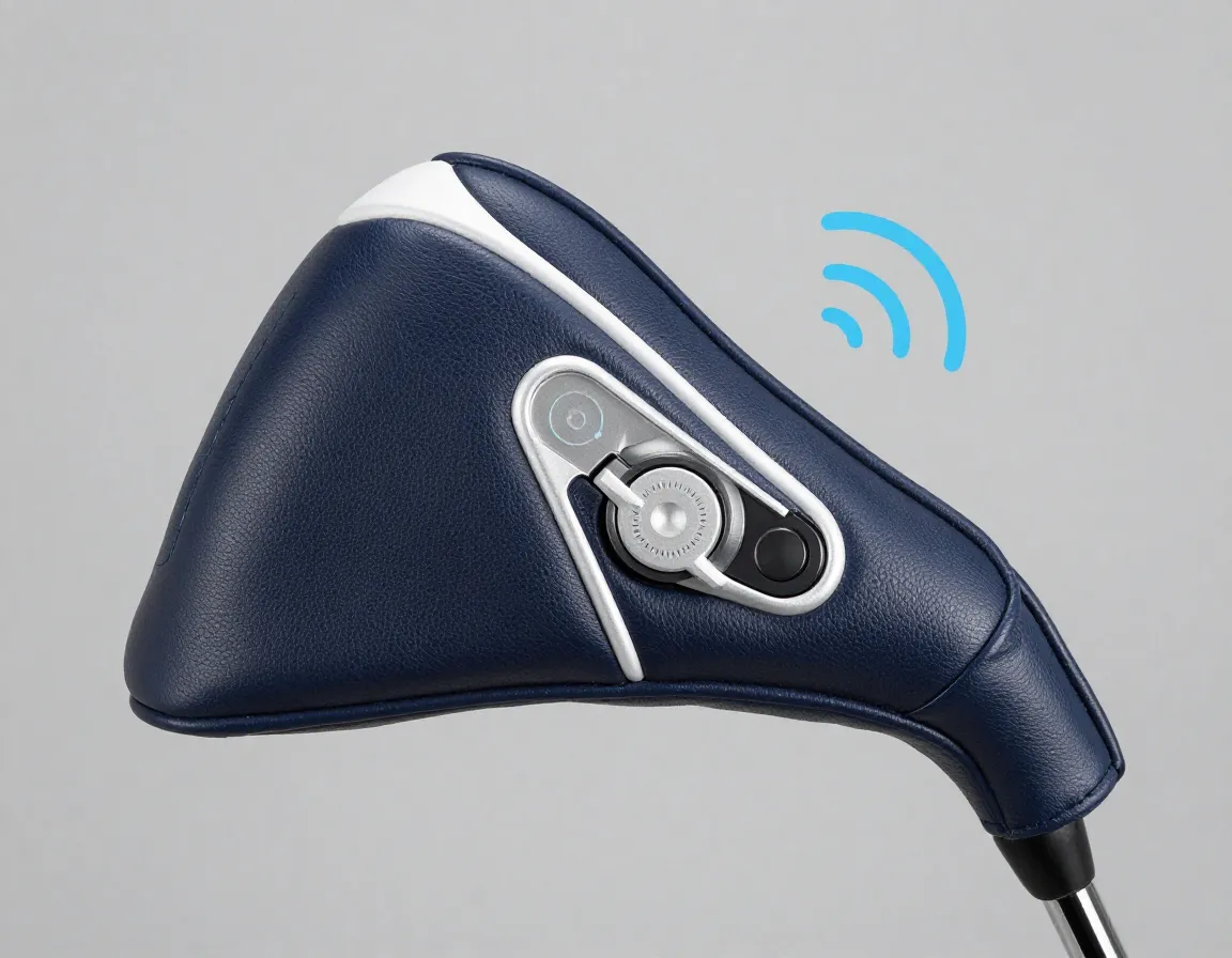 Interactive golf head cover with sound effect button visible