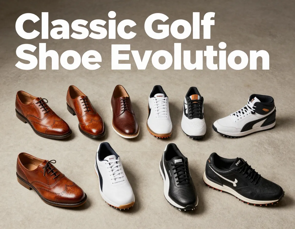 Eight classic golf shoes chronological flat lay arrangement
