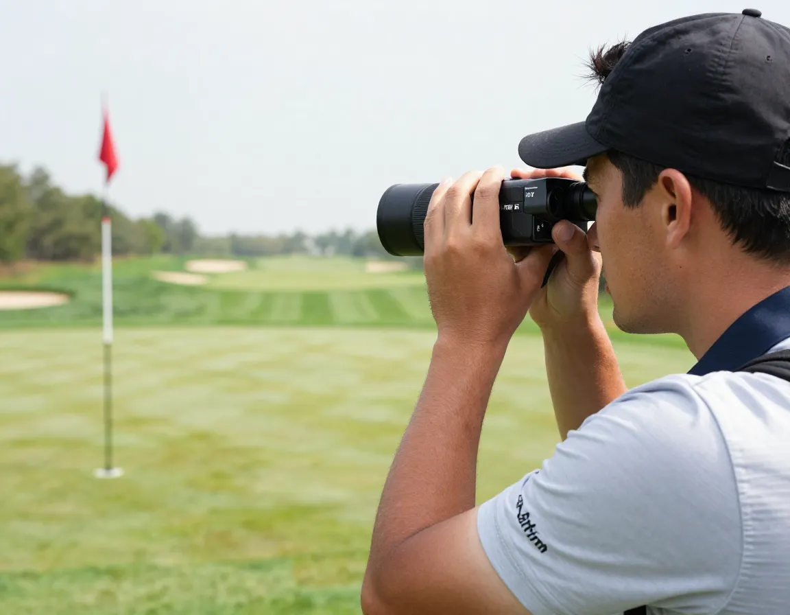 Golfer aiming bushnell rangefinder at uphill flag on fairway