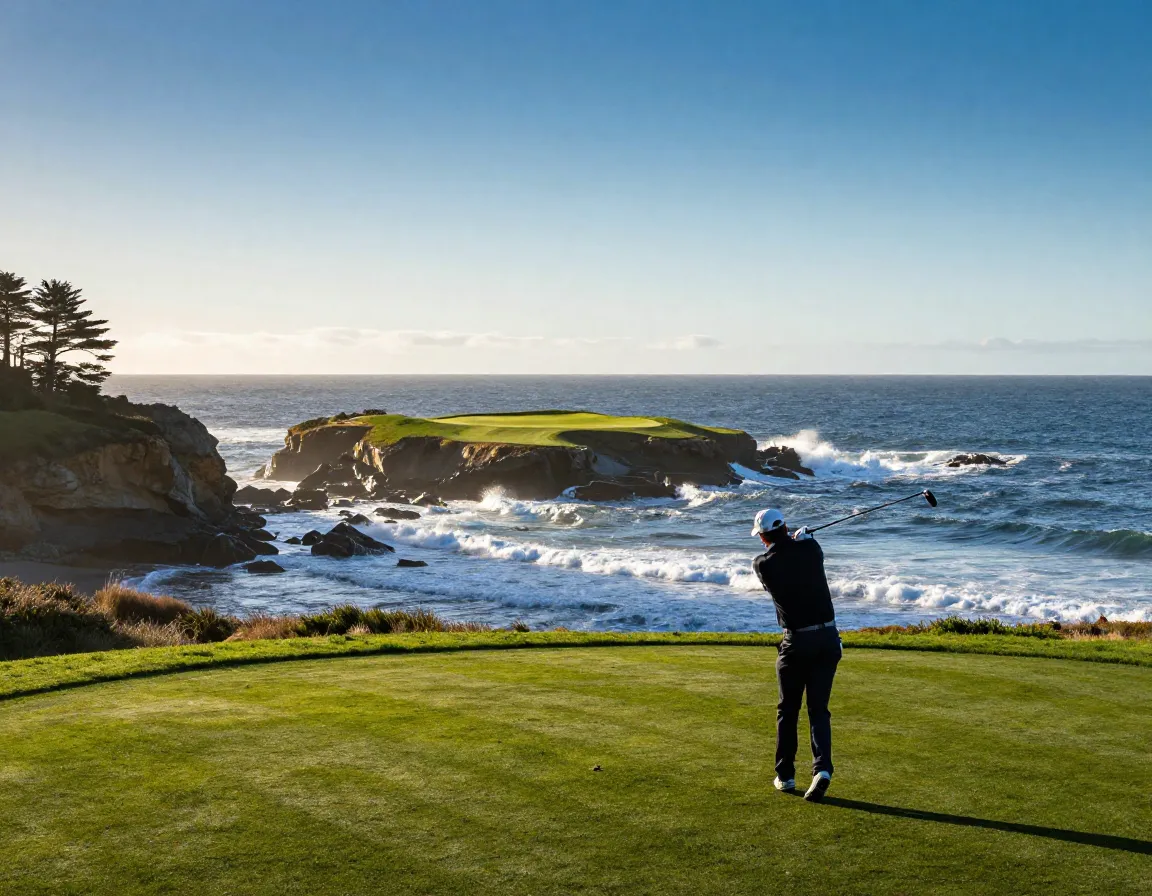 Golfer lining up shot on pebble beach seventh hole over ocean