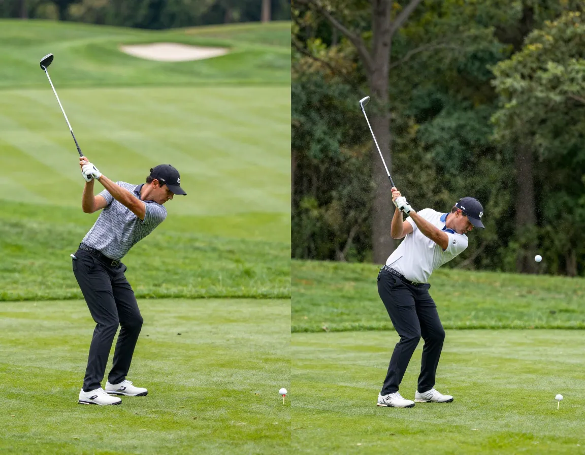 Golfer taking perfect practice swing then shanking shot away