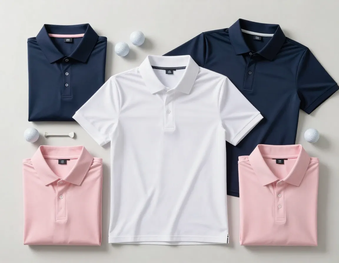 Performance polo shirts golf outfit with tees and accessories in closet