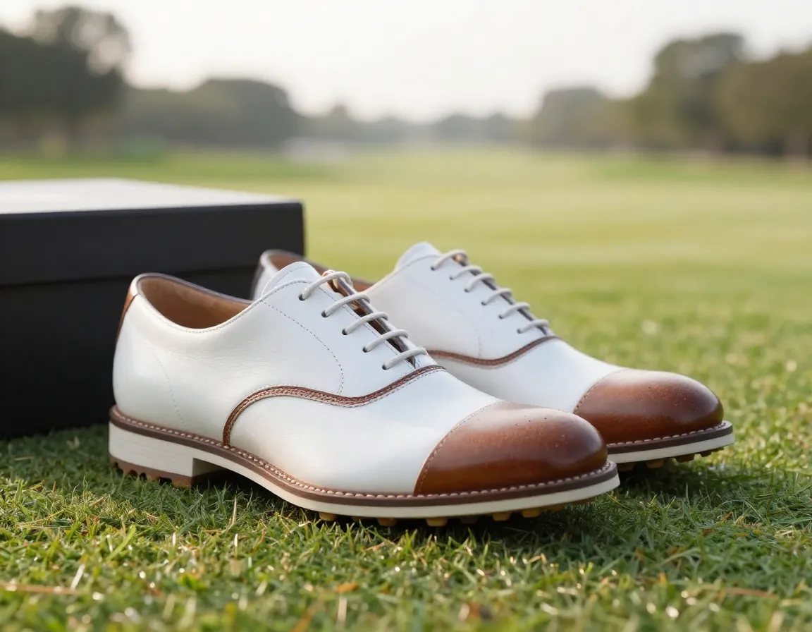 Saddle oxford two tone leather golf shoes on first tee box