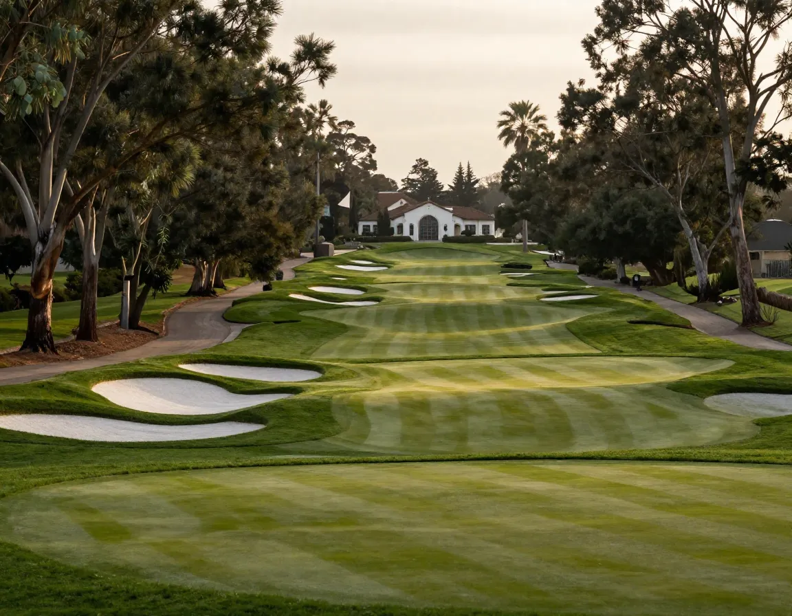 Riviera country club finishing hole with eucalyptus trees
