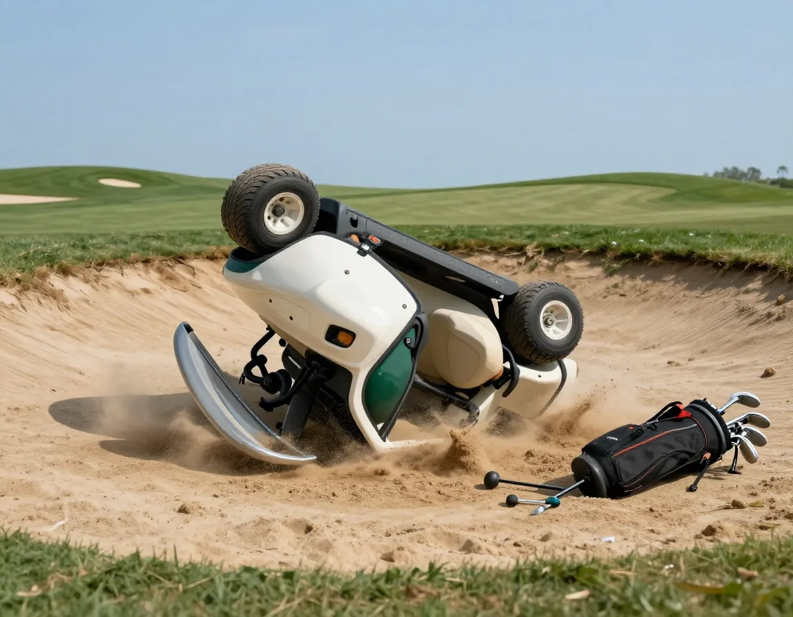 Golf cart stuck upside down in a sand trap bunker