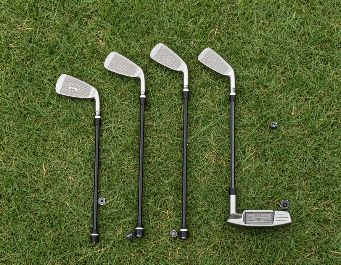 Golf clubs with arccos sensors on grips on grass