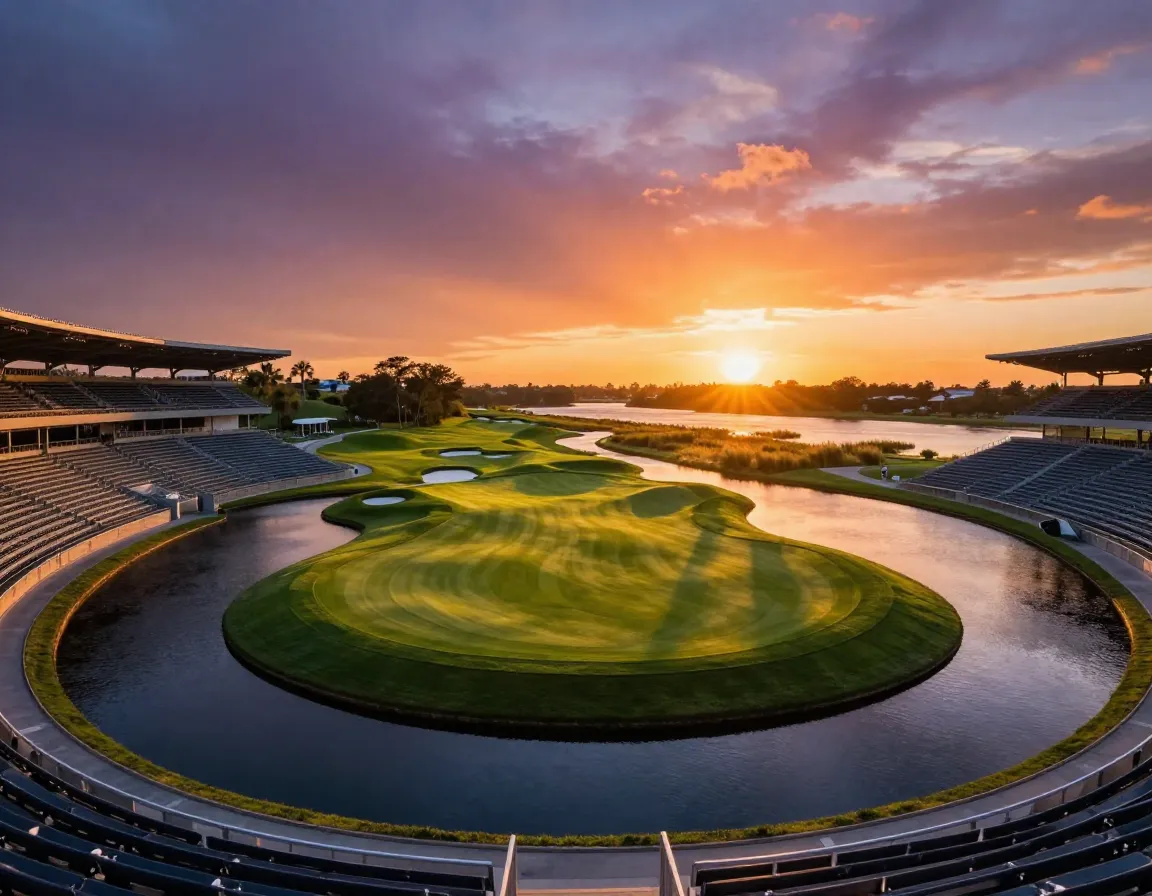 Tpc sawgrass island green 17th hole at sunset