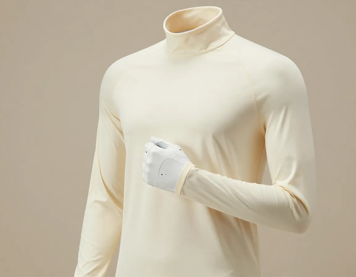 Cream colored moisture wicking base layer with thumbholes for golf