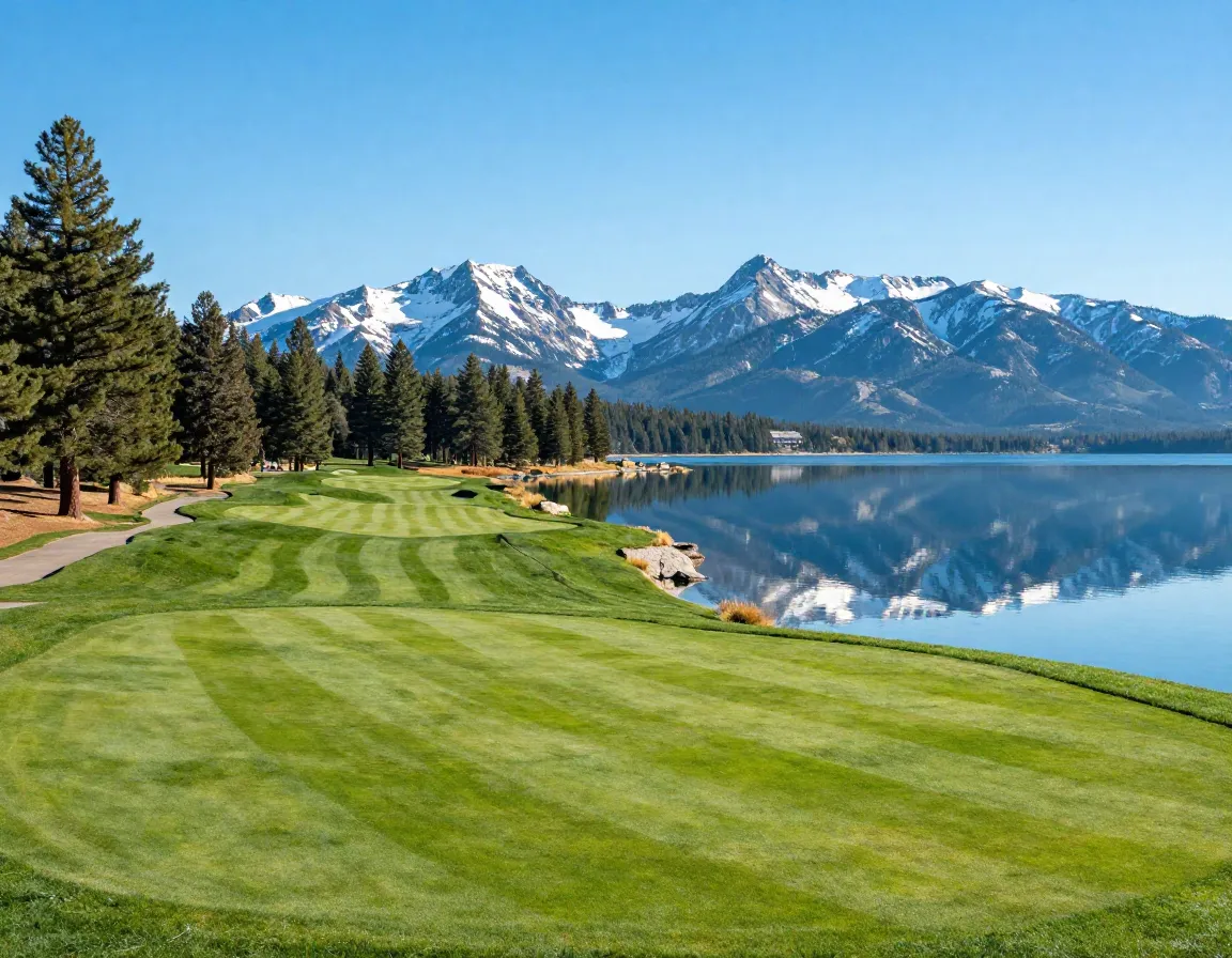 Edgewood tahoe golf course along lake with mountains