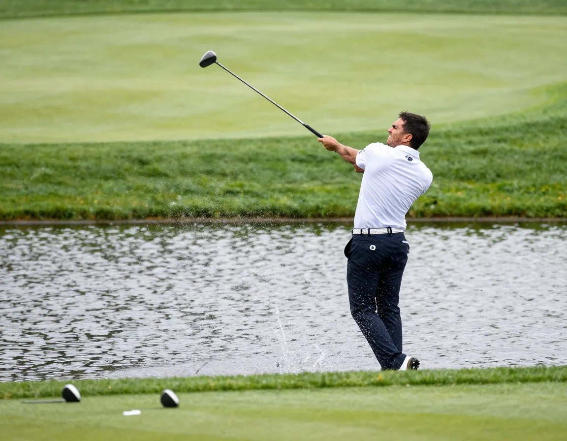 Golfer angrily throwing club into a lake water hazard