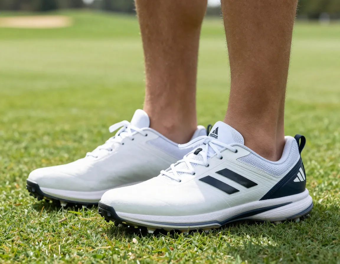 Adidas tour360 wraparound sole golf shoes on firm fairway
