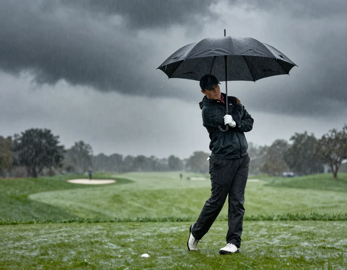 Golfer playing in torrential rain storm with umbrella