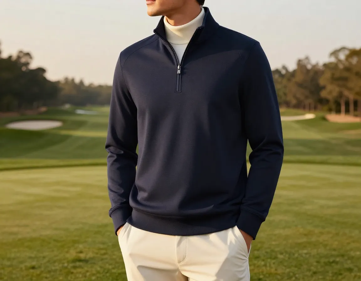 Navy quarter zip pullover layered over a cream base on golf course