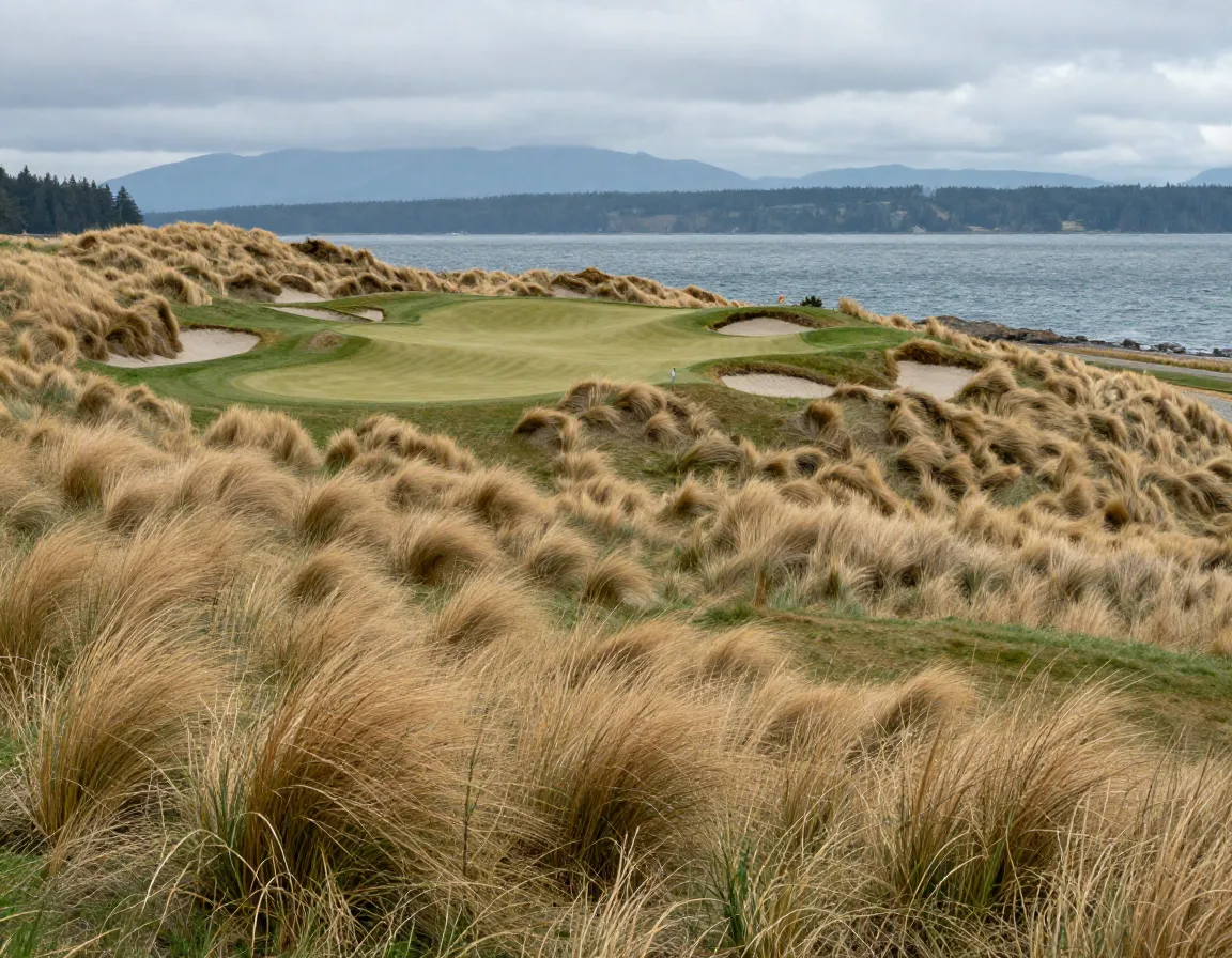 Windswept fescue grasses at chambers bay overlooking puget sound