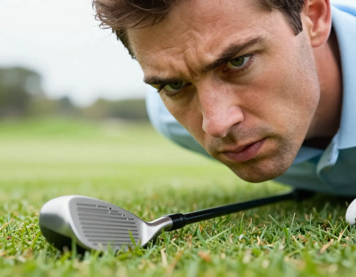 Golfer staring accusingly at his golf club on ground