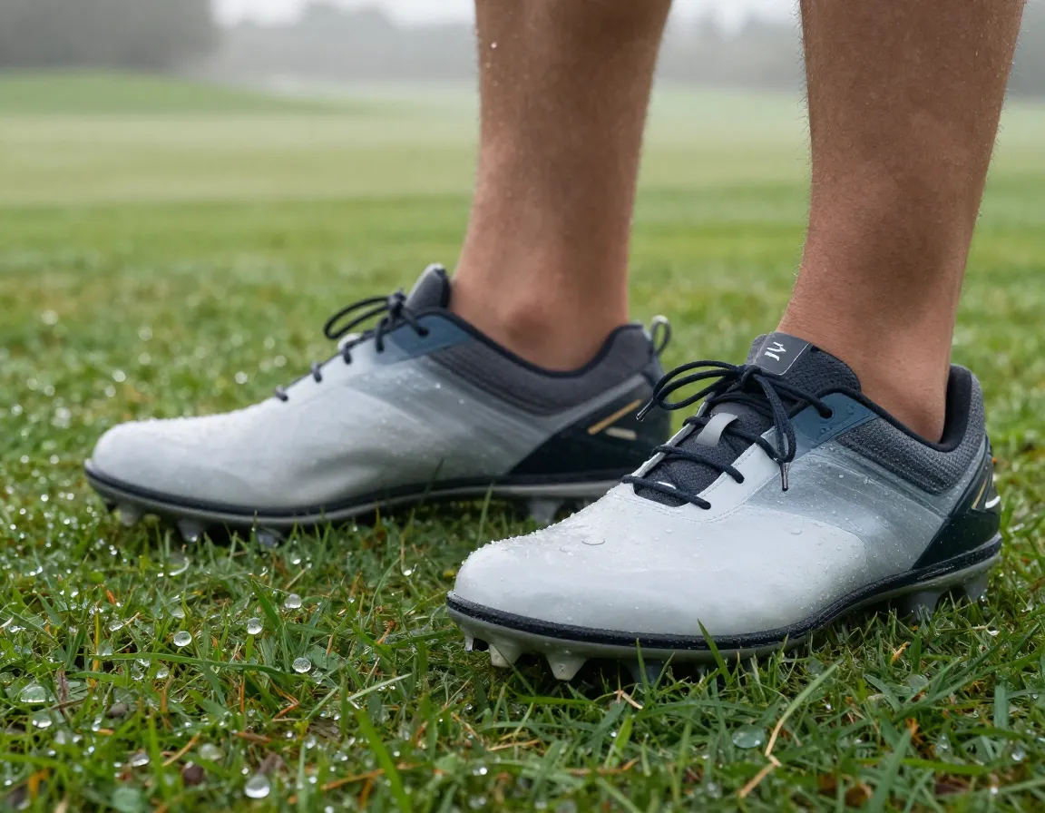 Waterproof golf shoes with cleats on wet grass