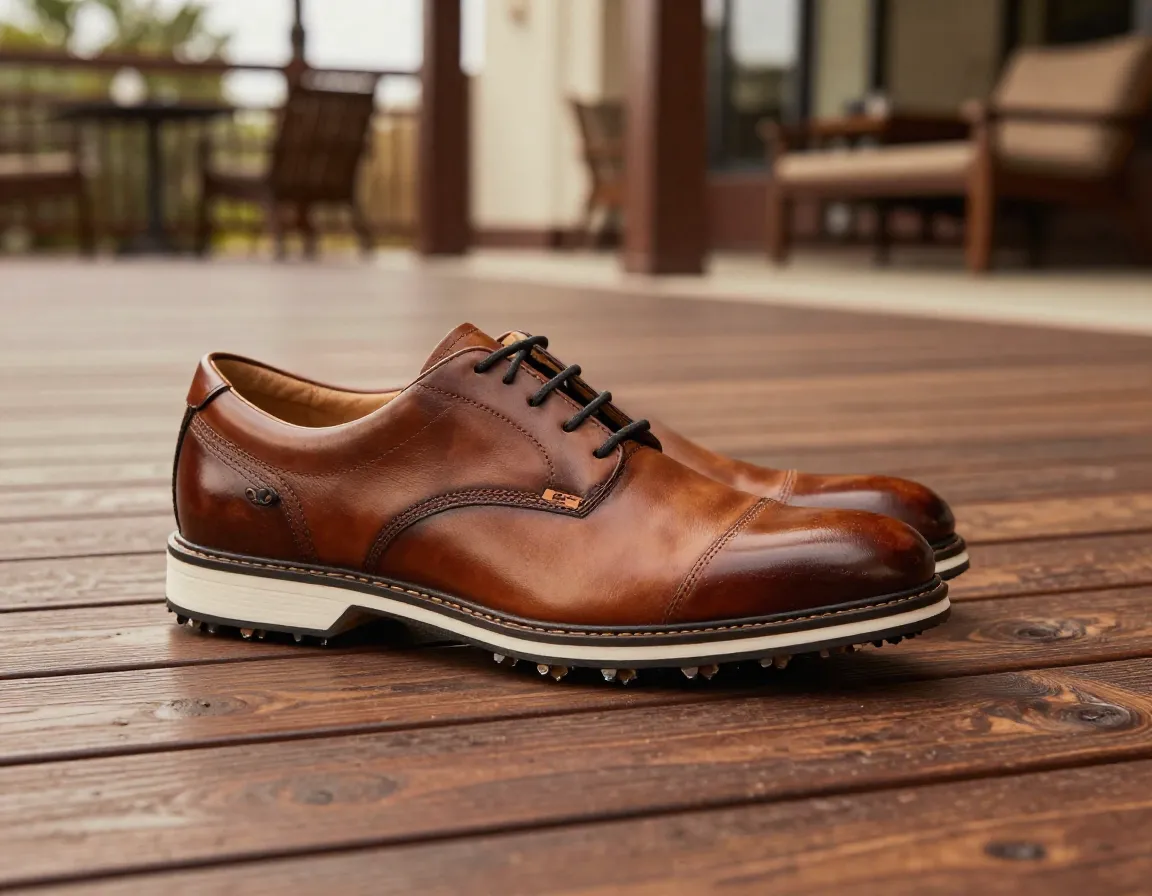 Footjoy pro sl modern classic leather shoes on clubhouse veranda