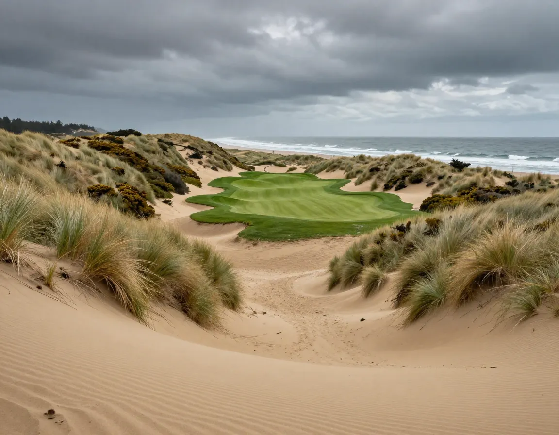 Pacific dunes golf hole through massive sand dunes by ocean