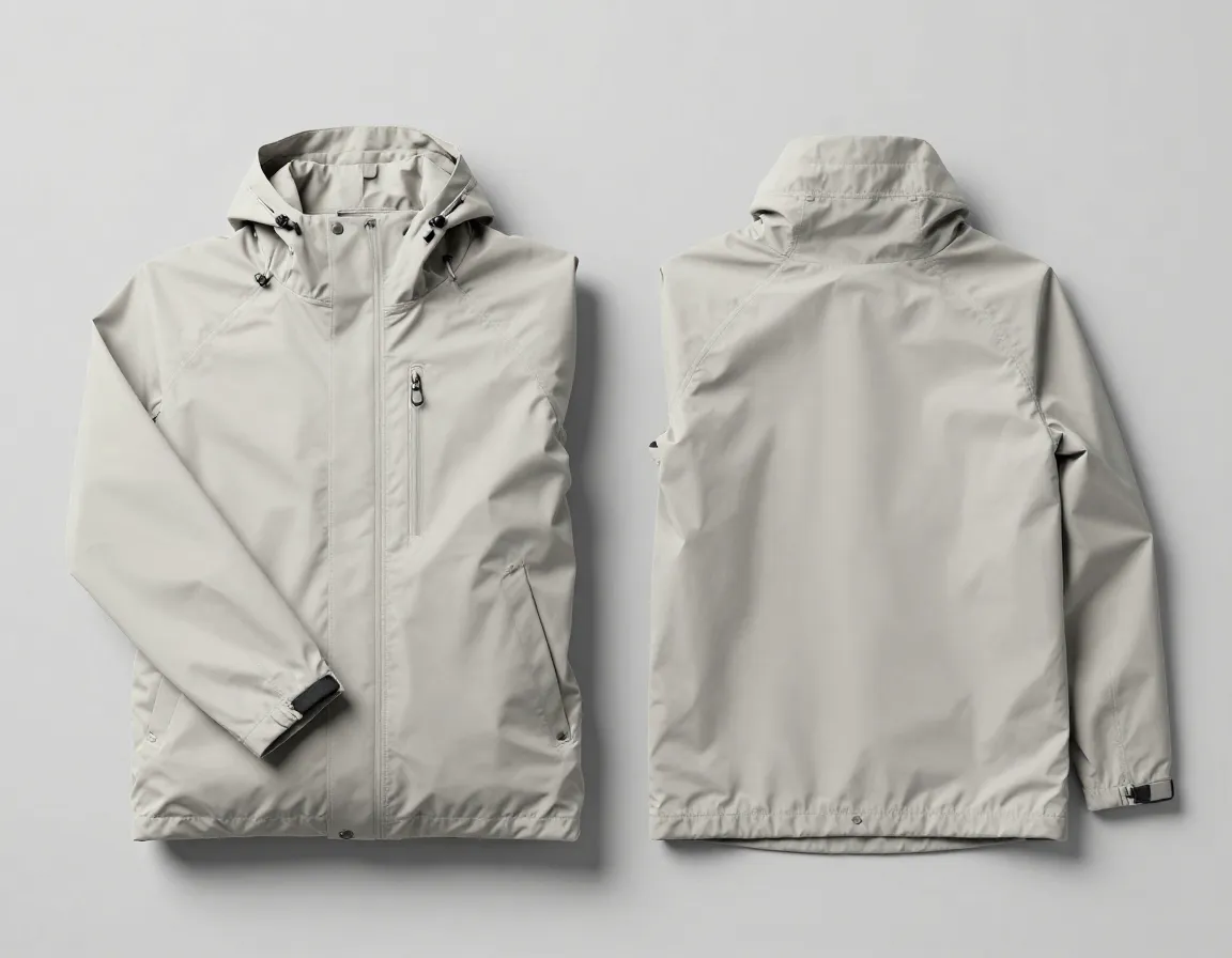 Packable neutral colored rain jacket compressed into its own pocket
