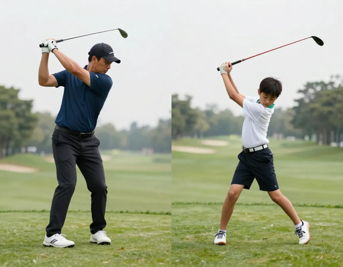 Golf instructor elegant swing versus student awkward dance