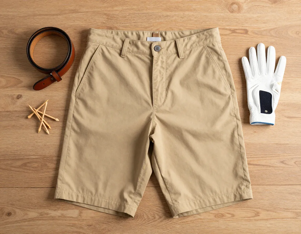 Khaki tailored bermuda shorts flat lay with golf accessories