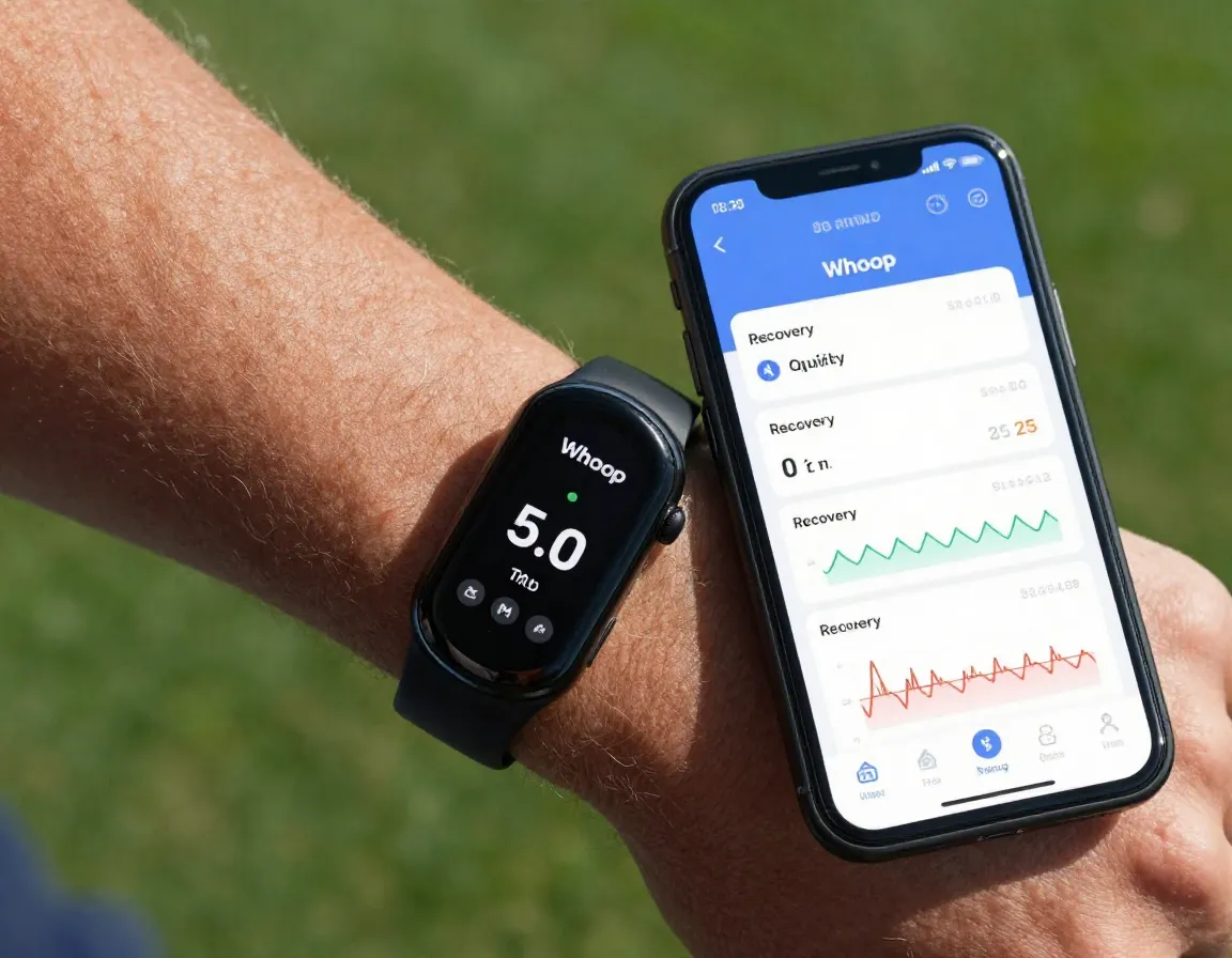 Whoop fitness band and phone showing recovery metrics