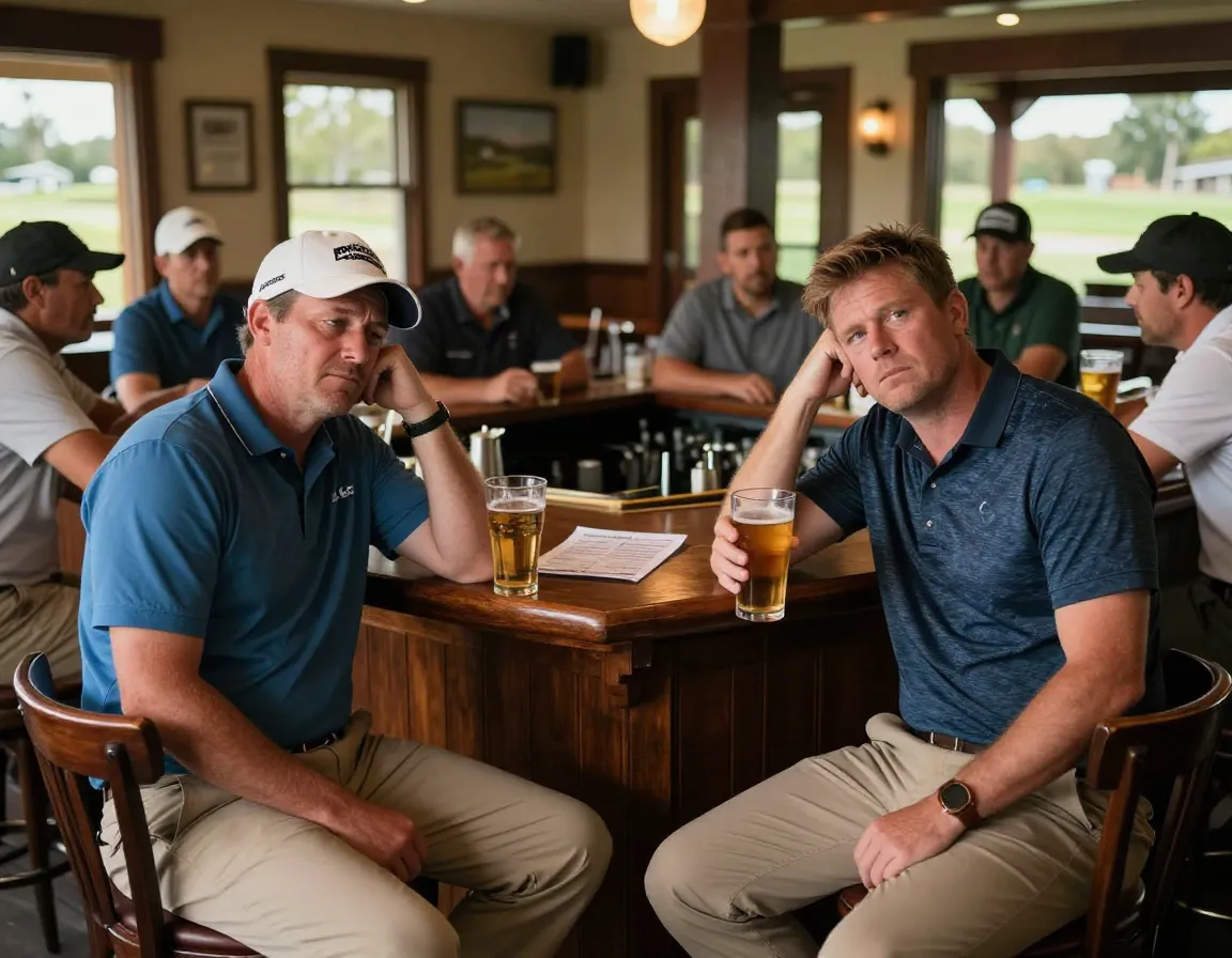 Shell shocked golfers at clubhouse bar with drinks after round