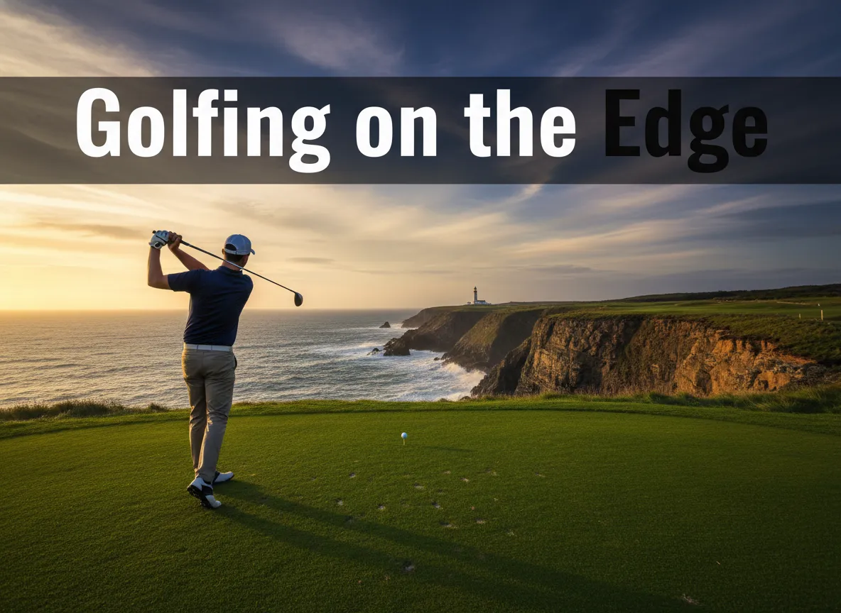 Golfer clifftop driver swing lighthouse ocean ireland wide angle