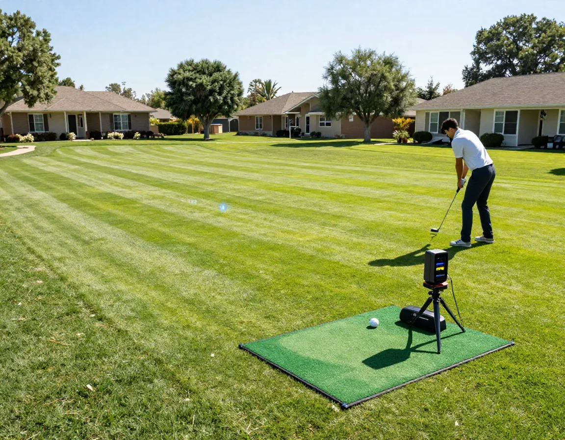 Flightscope mevo plus champion setup in spacious sunlit backyard