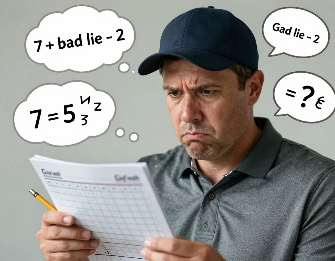 Confused golfer staring at scorecard with floating equations
