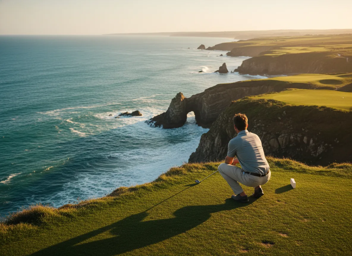Golfer hitting shot from clifftop par three over panoramic ocean view