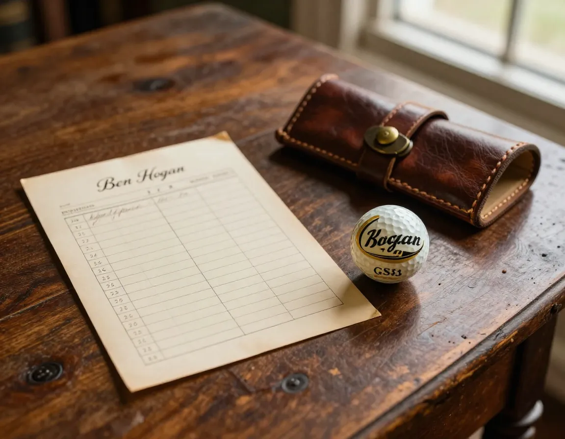 Vintage ben hogan gs53 golf ball and scorecard on antique wooden table