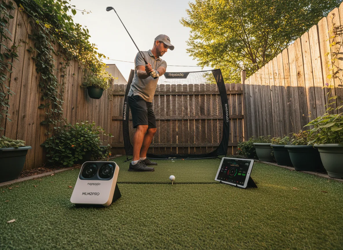 Rapsodo mlm2pro compact solution in cozy backyard setting
