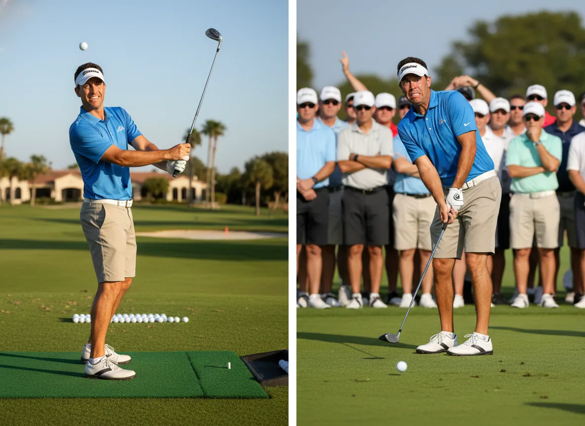 Golfer transformation from practice range to first tee nerves