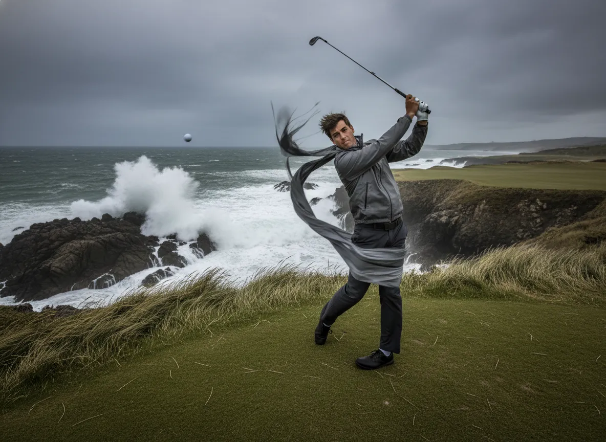 Golfer battling fierce coastal wind on exposed ocean hazard hole