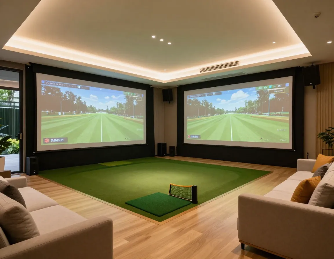 Cinema golf simulator garden room with retractable screen