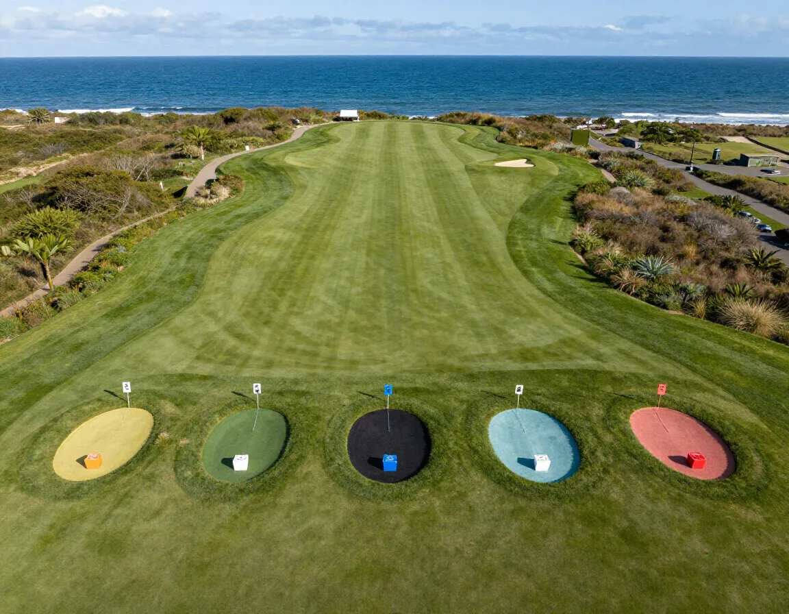 Six different colored tee boxes on a single scenic clifftop hole