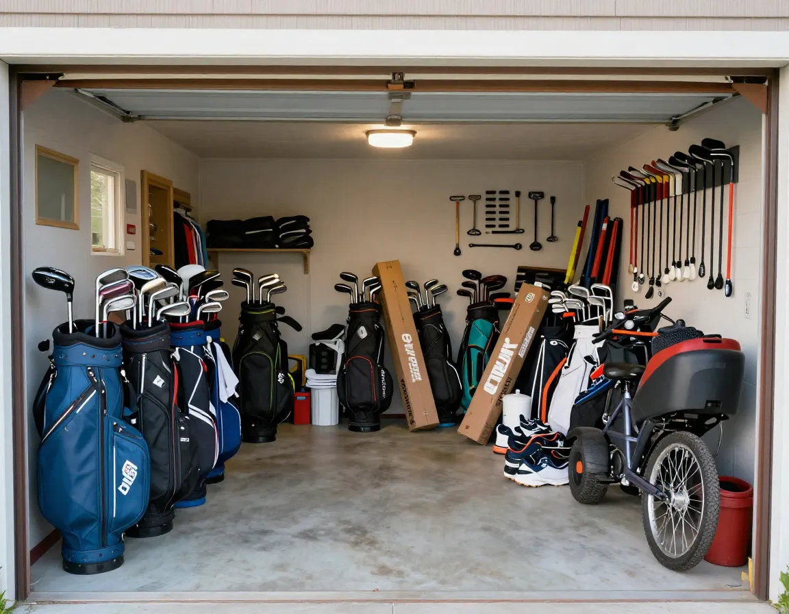 Cluttered garage overflowing with new golf equipment