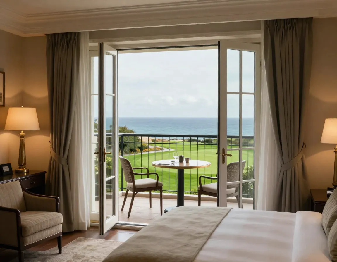 Luxury hotel suite balcony overlooking old head golf course and ocean