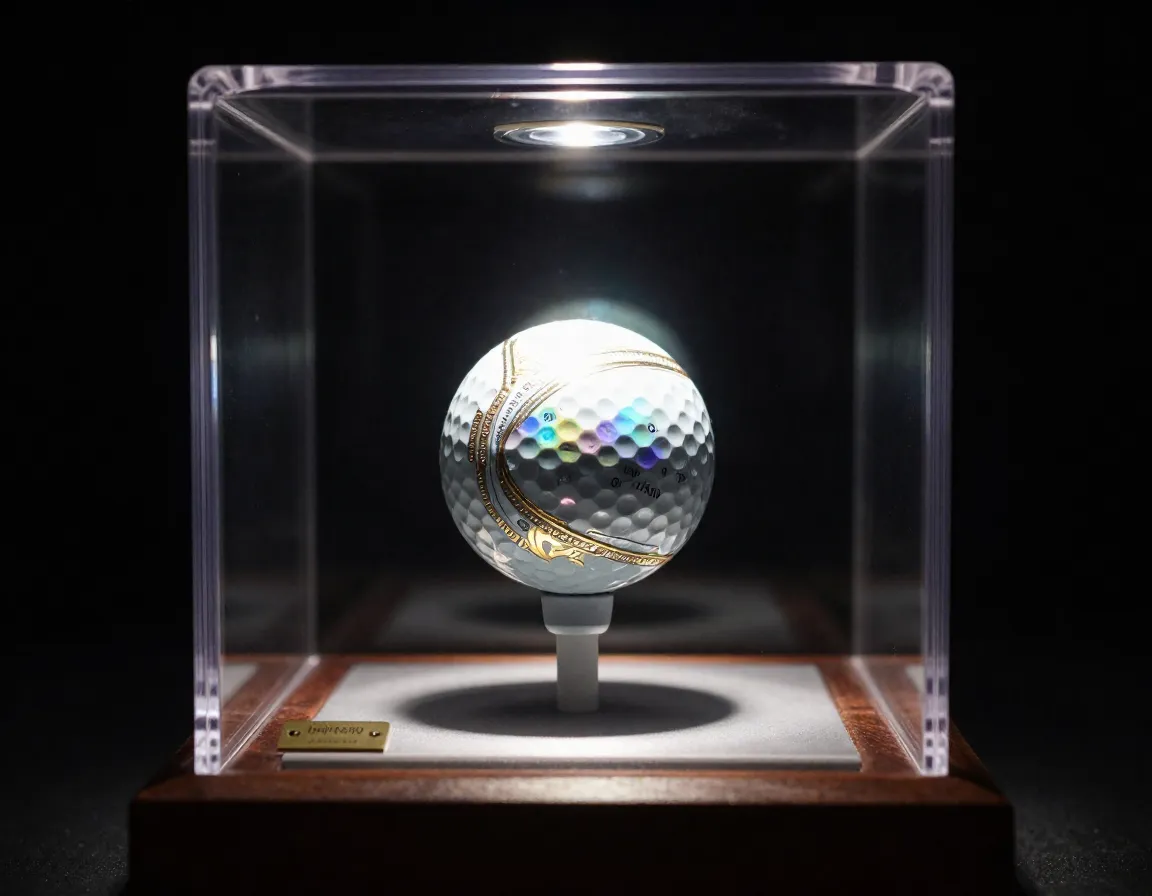 Limited edition collector golf ball in display case with holographic elements