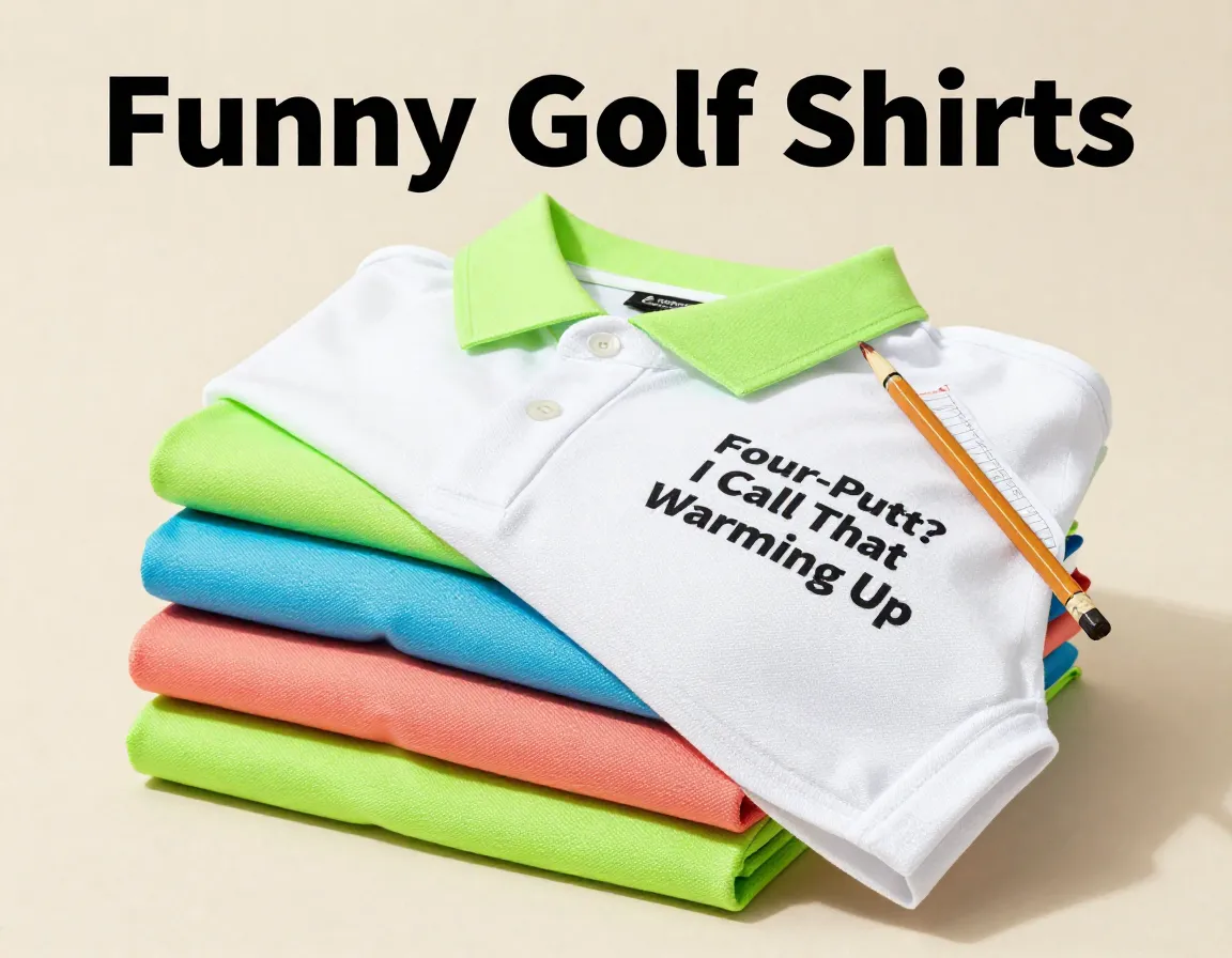 Funny golf shirts stack text design bright colors product display