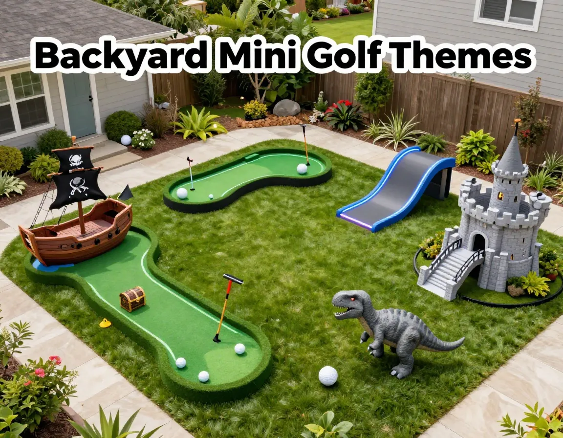 Pirate futuristic medieval dinosaur themed backyard mini golf aerial composite